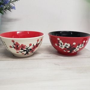 Japanese Chinese Porcelain Rice Soup Bowl Red & White Set of 2 Bowls Replacement
